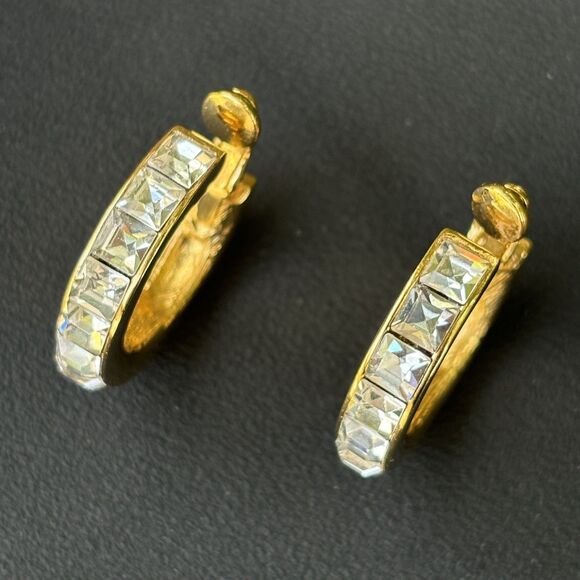 Givenchy Vintage Crystal Earrings Gold Clear Square Crystals Hoop Signed 1980s - Picture 3 of 9
